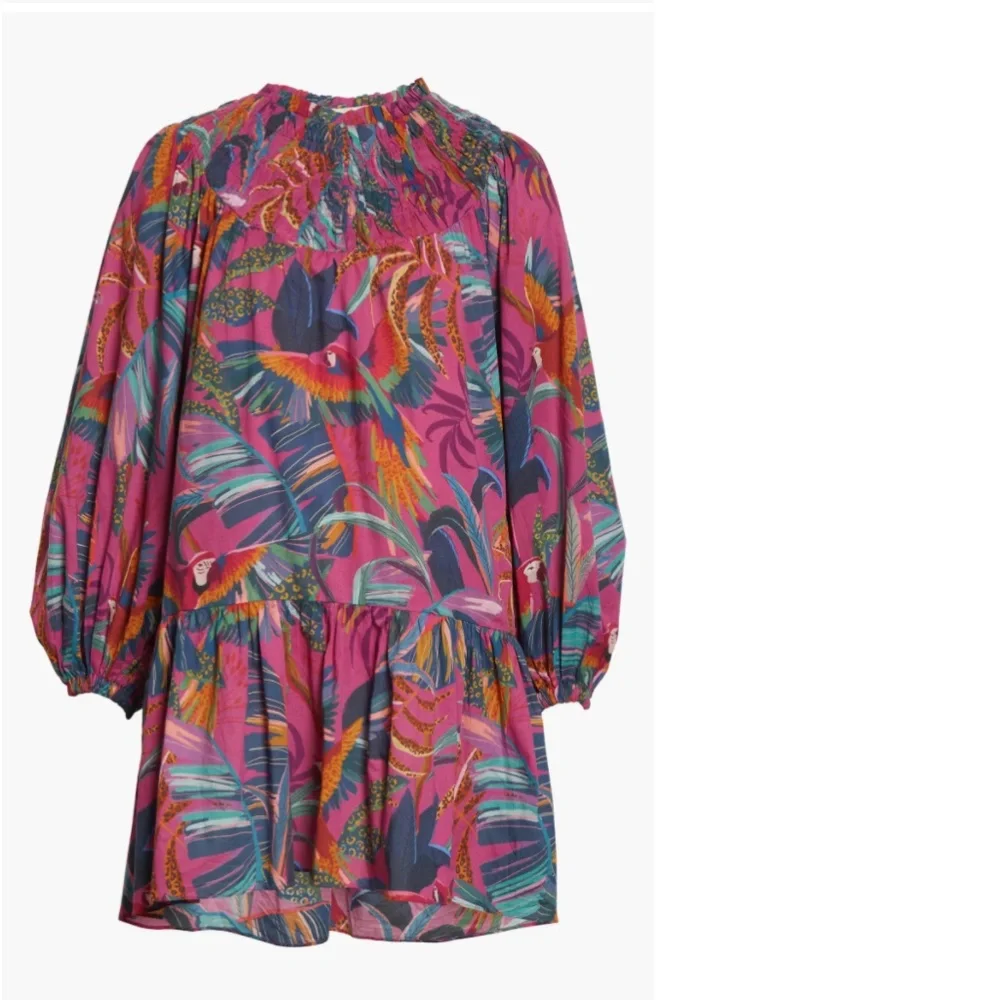 NWT $195 FARM Rio Rainbow Macaws Long Sleeve Minidress, RAINBOW MACAWS, Small!